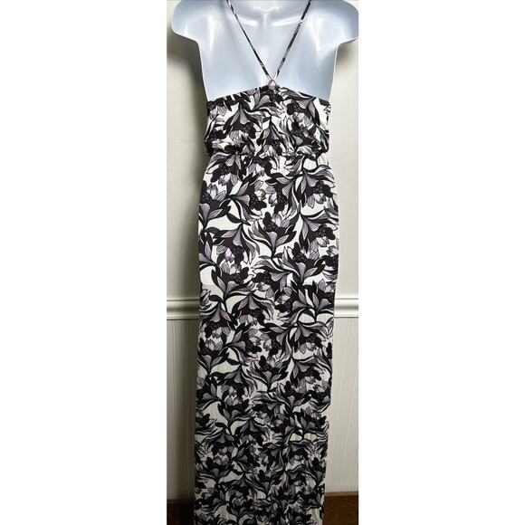 LOFT Maxi Sundress Dress L Purple White Floral Elastic Waist Scoop Neck Stretch - Picture 4 of 8